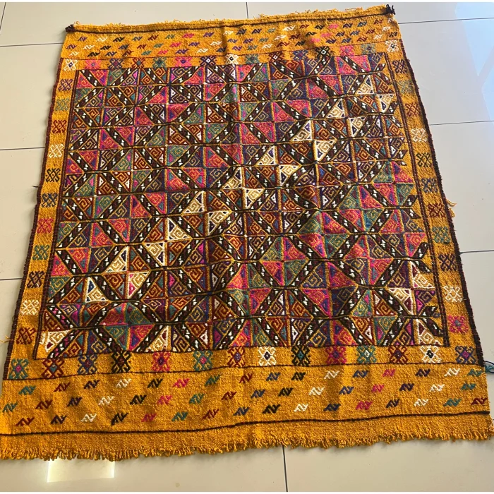 Vintage Yellow Geometric Çanakkale Hand-Woven Kilim - 2