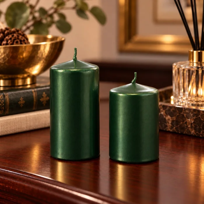 Dark Green Pearlescent Decorative Cylinder Candle Set of 2 - 3