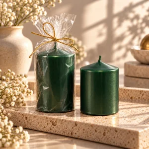 Dark Green Pearlescent Decorative Cylinder Candle Set of 2 - 4