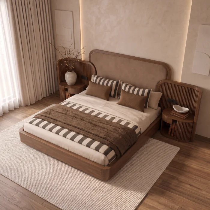 Valenne Walnut Wooden Bed Frame with Integrated Nightstands - 3