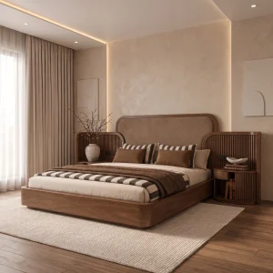 Valenne Walnut Wooden Bed Frame with Integrated Nightstands - 2