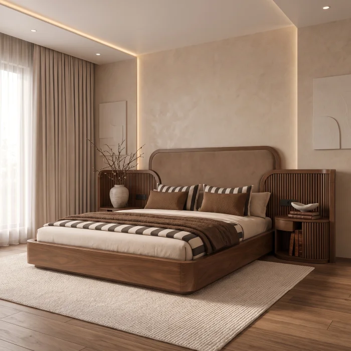Valenne Walnut Wooden Bed Frame with Integrated Nightstands - 2