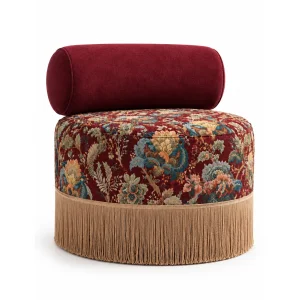 Floral Patterned Burgundy Fringe Pouf