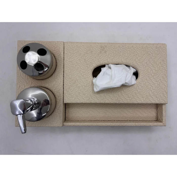 Beige Faux Leather Bathroom Organizer Set - 3