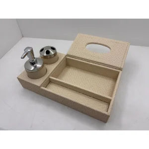 Beige Faux Leather Bathroom Organizer Set - 2