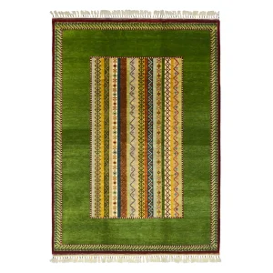 Tribal Striped Hand-Knotted Sivas Shal Green Wool Rug - 1