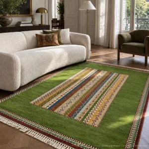 Tribal Striped Hand-Knotted Sivas Shal Green Wool Rug - 2