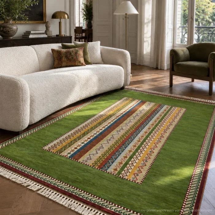 Tribal Striped Hand-Knotted Sivas Shal Green Wool Rug - 2
