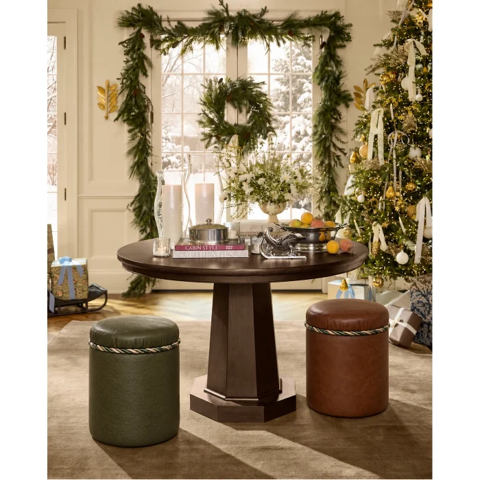 Red Leather Ottoman / Side Table - 2
