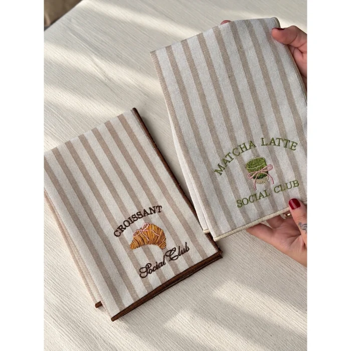 Matcha Latte & Kruvasan Nakışlı 2'li Dekoratif Havlu Seti - 6