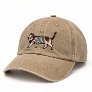 Kedi Nakışlı Bej Eskitme Unisex Şapka - 2