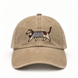 Kedi Nakışlı Bej Eskitme Unisex Şapka - 1