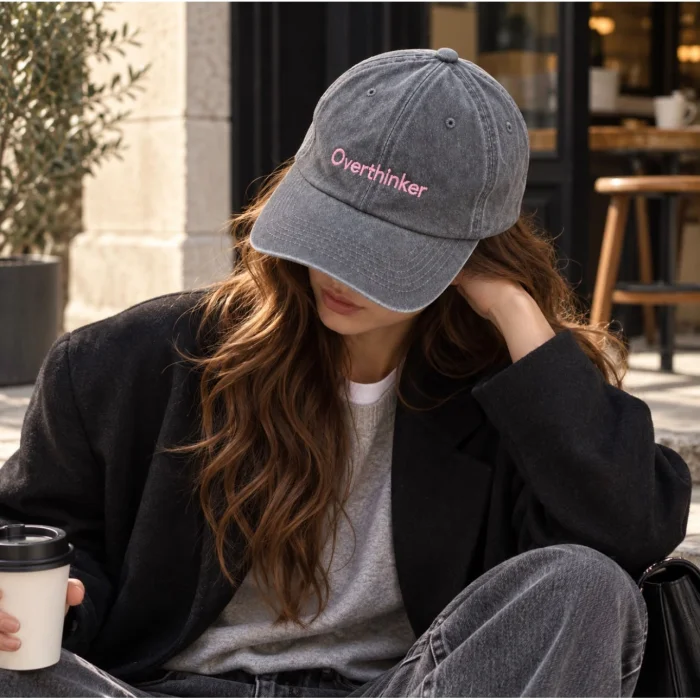 Overthinker Yazı Nakışlı Gri Eskitme Unisex Şapka - 3