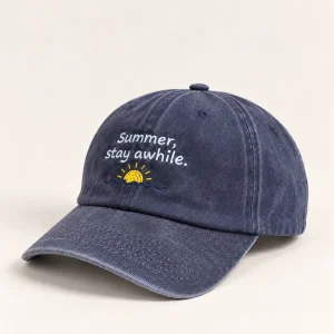 Summer Stay Awhile Nakışlı Lacivert Eskitme Unisex Şapka - 2