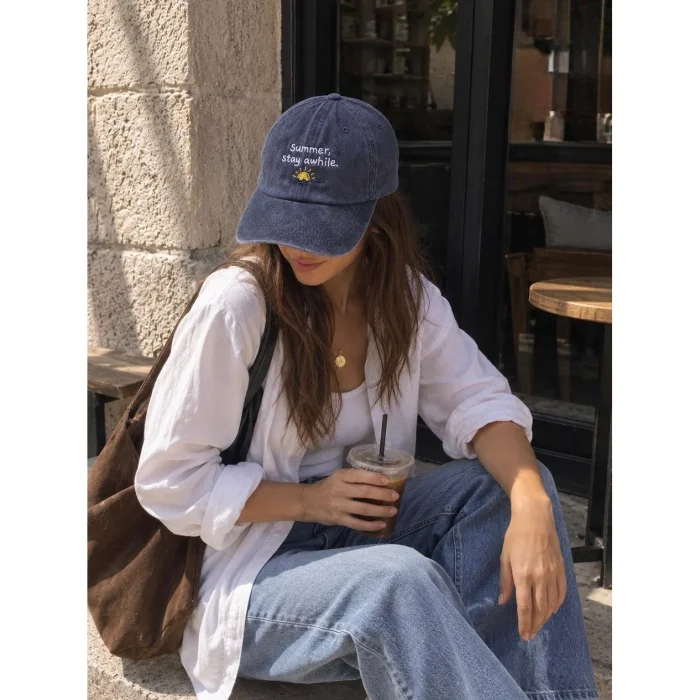 Summer Stay Awhile Nakışlı Lacivert Eskitme Unisex Şapka - 3