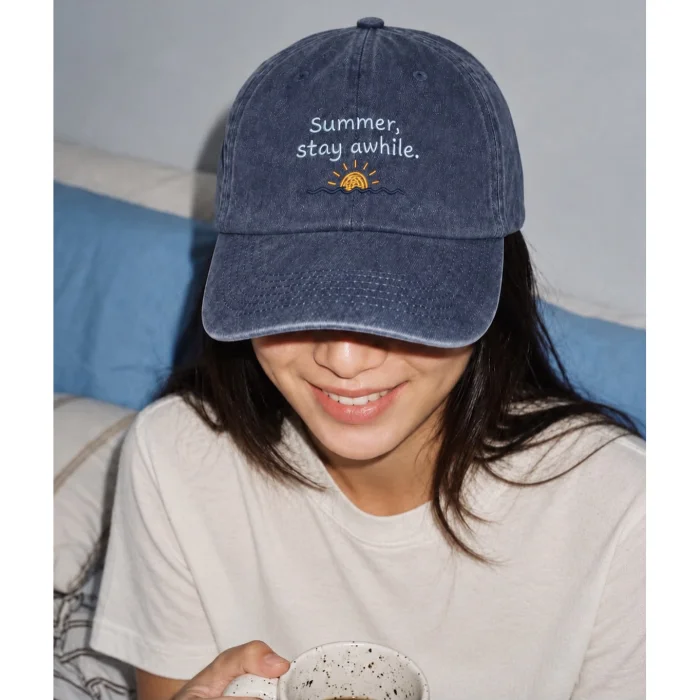 Summer Stay Awhile Nakışlı Lacivert Eskitme Unisex Şapka - 5