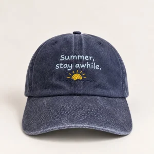 Summer Stay Awhile Nakışlı Lacivert Eskitme Unisex Şapka - 1