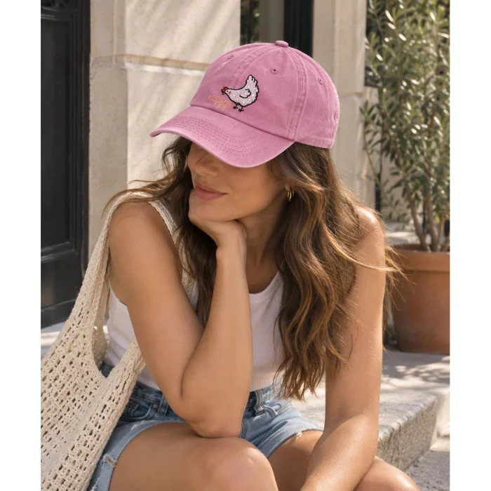 Tavuk Nakışlı Pembe Eskitme Unisex Şapka - 3