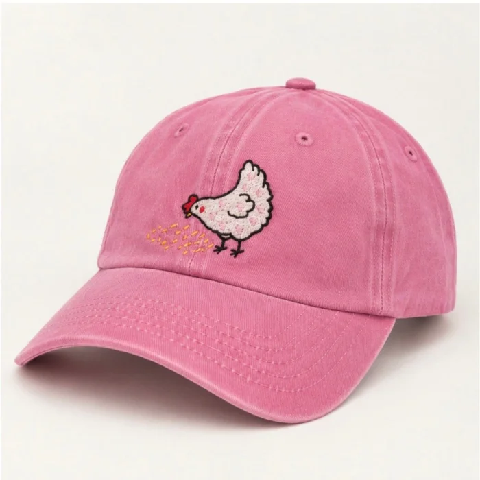 Tavuk Nakışlı Pembe Eskitme Unisex Şapka - 2